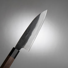 Load image into Gallery viewer, The back is more curved than a santoku, allowing for delicate work.
