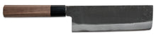 Load image into Gallery viewer, Sakai Ichimonji's Jo Nakiri knife featuring a Blue Steel #2 blade with a traditional kurouchi (black forged) finish and a dark wood octagonal handle.