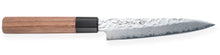 Cargar imagen en el visor de la galería, Handcrafted Japanese petty knife made of VG10 stainless steel with Damascus pattern and walnut wood handle