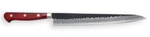 Cargar imagen en el visor de la galería, Japanese Sujihiki Slicing Knife with Tsuchime hammered finish and a red pakkawood handle.
