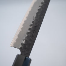 Load image into Gallery viewer, Sakai Ichimonji Mitsuhide, KURO Wa-Petty Japanese knife, made in Japan, blade close-up, kurouchi texture, Blue Super Steel (Aogami Super), Japanese engraving