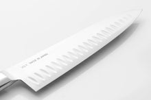 Cargar imagen en el visor de la galería, Close-up of Granton edge dimples on Kirameki VG-1 Gyuto – reduces food sticking for smooth, effortless cuts