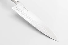 Cargar imagen en el visor de la galería, Sakai Ichimonji Mitsuhide, Gyuto Japanese-styled chef's knife with octagonal steel handle, made in Japan, back of the blade with dimples
