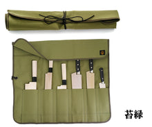 Load image into Gallery viewer, An open, olive-green canvas knife roll displaying a set of six Japanese kitchen knives, each protected by a wooden sheath (saya) and organized in its own slot.