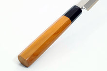 Load image into Gallery viewer, A wooden handle makes a lightweight knife for slicing into proteins, including meats and briskets