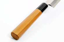 Load image into Gallery viewer, The yew wood handle with octagonal trip contrasts well with the knife steel, while being nice to hold and use.