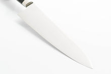 Load image into Gallery viewer, A view down the length of the polished VG10 stainless steel blade of the Sakai Ichimonji SWORD Gyuto knife, showing its clean profile and sharp tip.