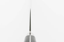 Load image into Gallery viewer, A view down the heel of the SWORD FV10 Gyuto knife, clearly showing the symmetrical grind and sharp, double-edged blade geometry.