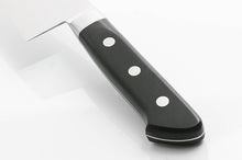 Load image into Gallery viewer, A riveted plywood handle ensures the balance point stays near the bolster, granting familiarity to those who use Western-style knives.