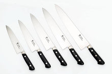 Load image into Gallery viewer, The Sakai Ichimonji SWORD FV10 Gyuto knife series, featuring a set of five chef knives in various sizes, all with polished VG10 steel blades and three-rivet Western-style handles.