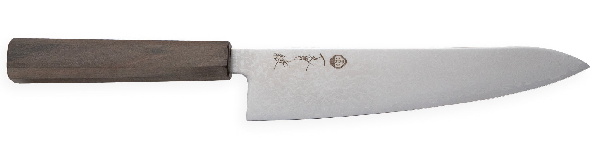 Cuchillo Gyuto de Damasco VG10 con mango de madera tipo palisandro, ideal para cortar carne, pescado y verduras.