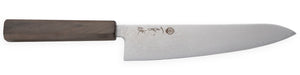 Cuchillo Gyuto de Damasco VG10 con mango de madera tipo palisandro, ideal para cortar carne, pescado y verduras.