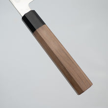 Load image into Gallery viewer, Sakai Ichimonji Mitsuhide, Chromax Wa-Gyuto Japanese knife, made in Japan, walnut wa-handle, buffalo horn bolster, handle detail
