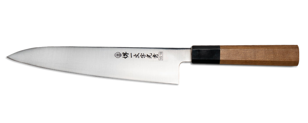 VG-10 stainless steel Japanese chef’s knife with durable teak wooden handle, made in Japan.