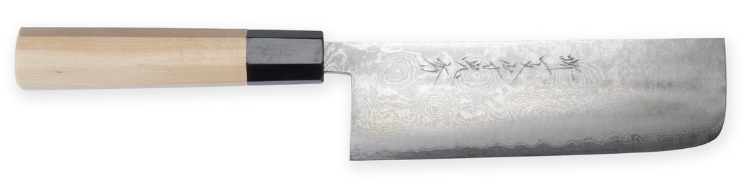 Nakiri knife with Silver Steel #3 (Ginsan) stainless steel blade and Suminagashi Damascus pattern, ideal for chopping vegetables.