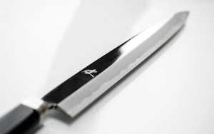 Ichimonji White Steel #1 Montanren Yanagiba Knife (Mirror Finish) with Nickel Silver and Ebony Handle, Black Urushi Saya included