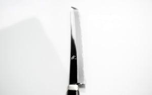 Coltello Sakimaru Takobiki - acciaio bianco al carbonio no.1 - Kirameki con finitura a specchio manico in legno ebano & argento alpacca, con urushi fodero nero