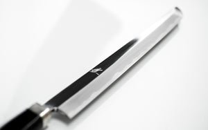Ichimonji White Steel #1 Montanren Sakimaru Takobiki Knife (Mirror Finish) with Nickel Silver and Ebony Handle, Black Urushi Saya included