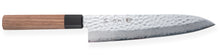 Cargar imagen en el visor de la galería, Handcrafted Japanese chef&#39;s knife made of VG10 stainless steel with Damascus pattern and walnut wood handle
