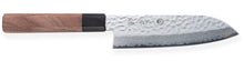 Cargar imagen en el visor de la galería, Handcrafted Japanese santoku knife made of VG10 stainless steel with Damascus pattern and walnut wood handle
