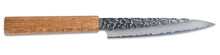 Load image into Gallery viewer, AUS8 Tan Damascus Petty Knife Hammered Damascus Wooden Handle Made in Japan
