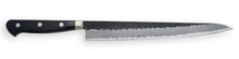 Load image into Gallery viewer, Japanese Sujihiki Slicing Knife with a Tsuchime hammered finish and a triple-rivet black pakkawood handle.
