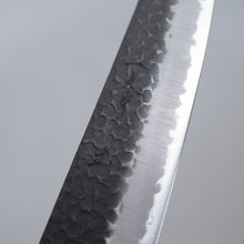 Load image into Gallery viewer, Sakai Ichimonji Mitsuhide, KURO Wa-Gyuto Japanese knife, made in Japan, Kurouchi finish close-up, Blue Super Steel blade texture
