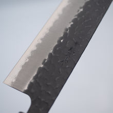 Load image into Gallery viewer, Sakai Ichimonji Mitsuhide, KURO Kiritsuke-Gyuto Japanese knife, made in Japan, blade close-up, kurouchi texture, Blue Super Steel (Aogami Super), Japanese engraving
