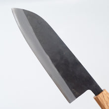 Load image into Gallery viewer, Sakai Ichimonji Mitsuhide, Akatsuki Wa-Santoku Japanese multi-purpose knife, made in Japan, Kurouchi finish close-up, Blue Steel #2 (Aogami 2) blade texture
