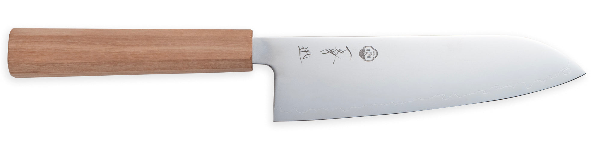 Cuchillo santoku japonés de acero SLD con mango de madera de olivo, fabricado en Japón.