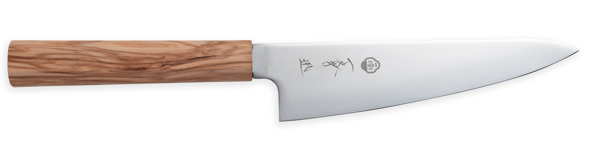 Cuchillo de cocina santoku pequeño japonés pequeño de acero SLD con mango de madera de olivo, fabricado en Japón.
