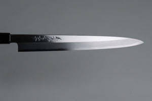 Coltello Yanagiba - acciaio bianco al carbonio no.2 - manico in legno suri-urushi nero, con urushi fodero nero