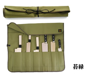 An open, olive-green canvas knife roll displaying a set of six Japanese kitchen knives, each protected by a wooden sheath (saya) and organized in its own slot.