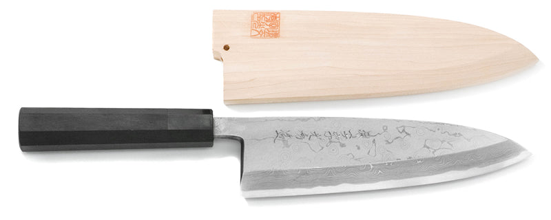 Couteau Deba - acier carbone bleu no.2 - Gokujo Suminagashi avec fourreau