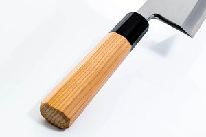 Yew wood handle with buffalo horn bolster