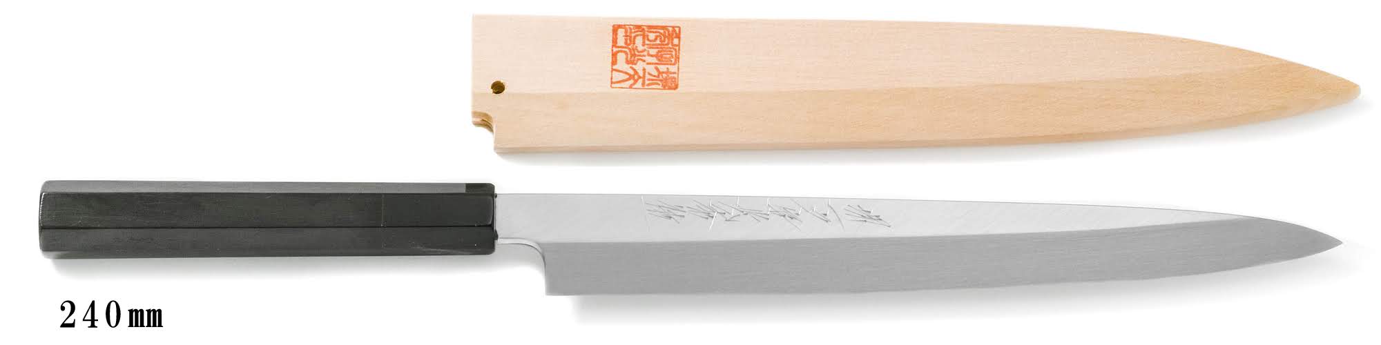 Couteau Yanagiba - acier carbone blanc no.2 - Mizuyaki Honyaki manche ébène