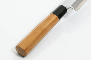 Yew wood handle with buffalo horn bolster