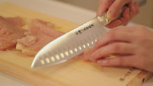 Load and play video in Gallery viewer, Kirameki VG-1 Stainless Santoku Knife ( Granton Edge ) with Steel Handle
